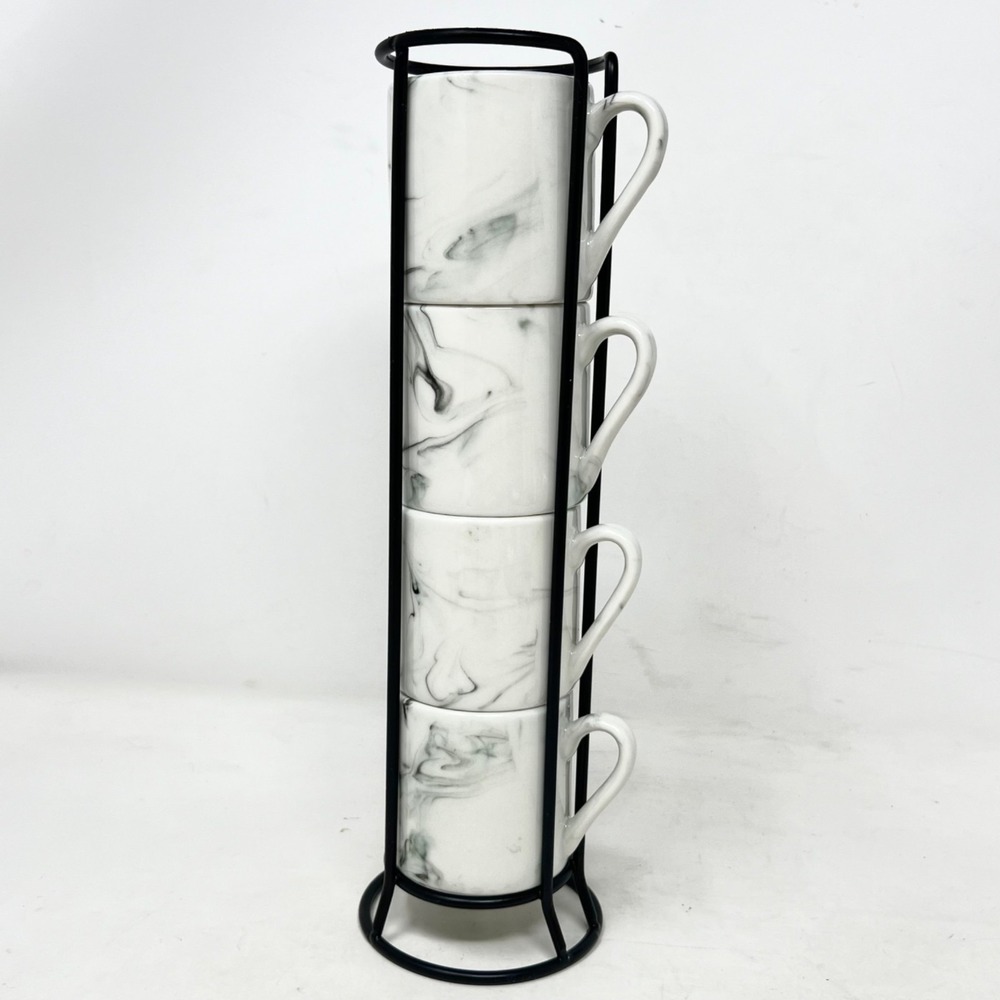 Espresso Cups Set 4 Vertical Stand Rack White Gray Marble Pattern Stackable Mug